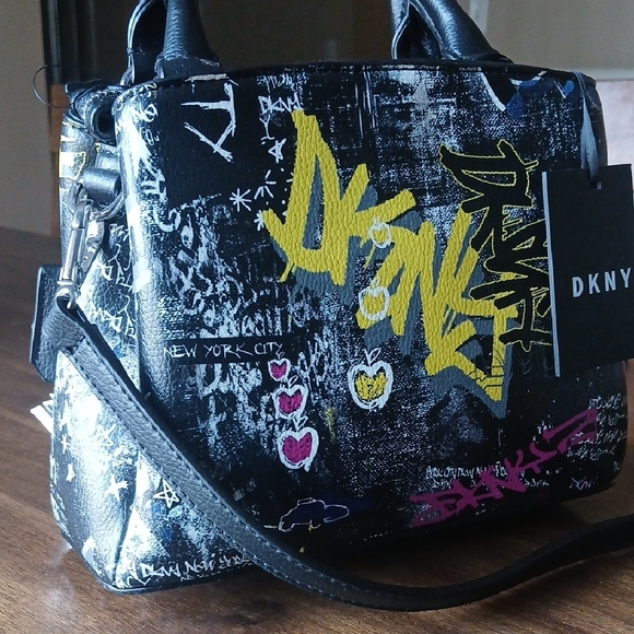 DKNYC Handbags - PAIGE Black Satchel with Yellow and Pink Graffiti Accents